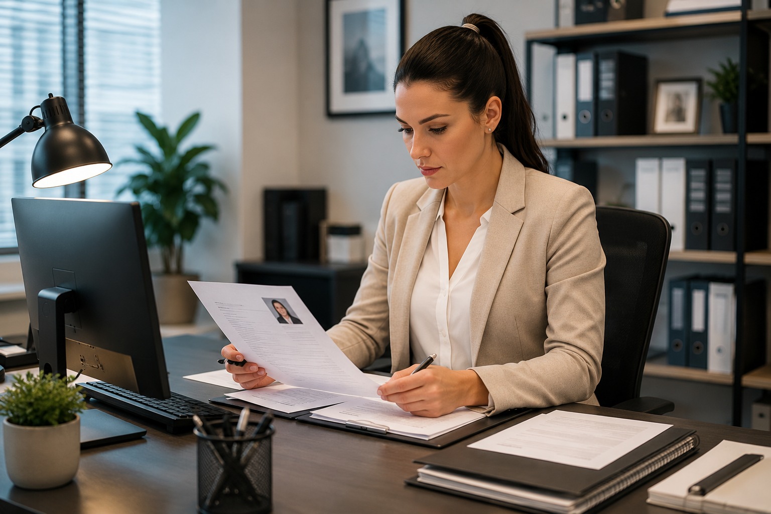 Staffing coordinator reviewing a candidate's resume at her desk