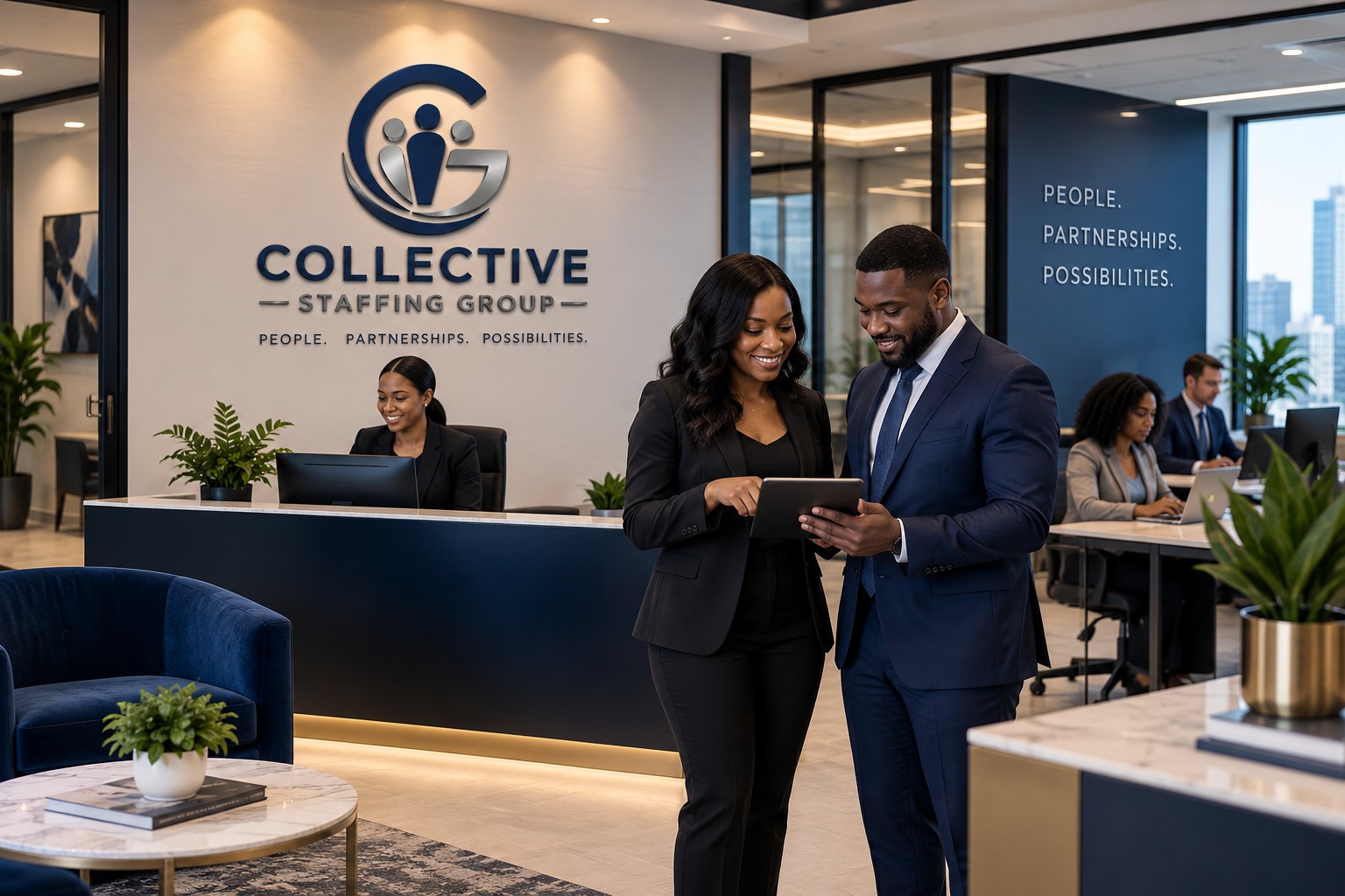 Collective Staffing Group team members reviewing work together in the office, with the company logo and reception desk visible behind them