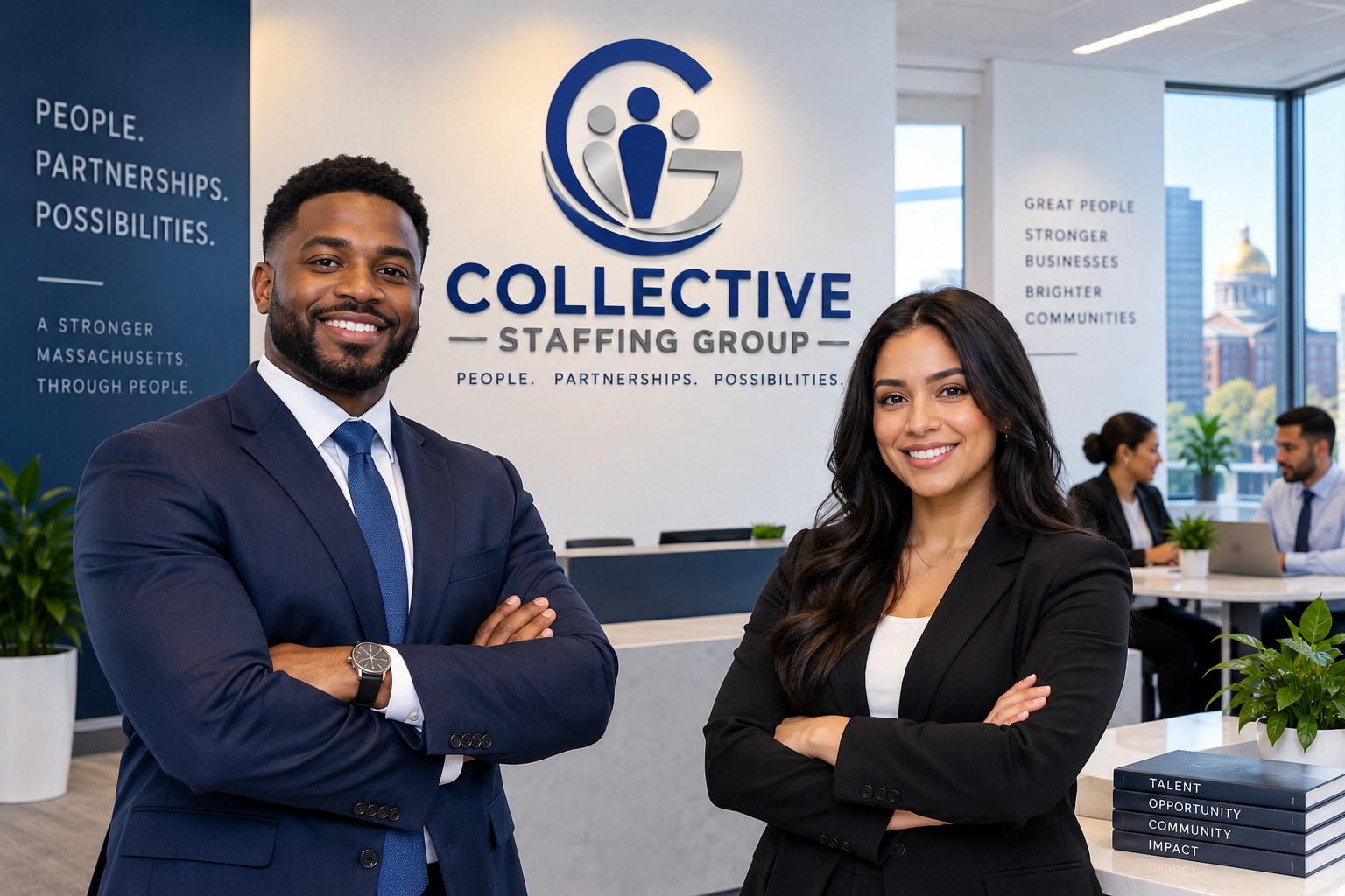 Two Collective Staffing Group professionals in the office, with the company logo and branded wall messaging behind them