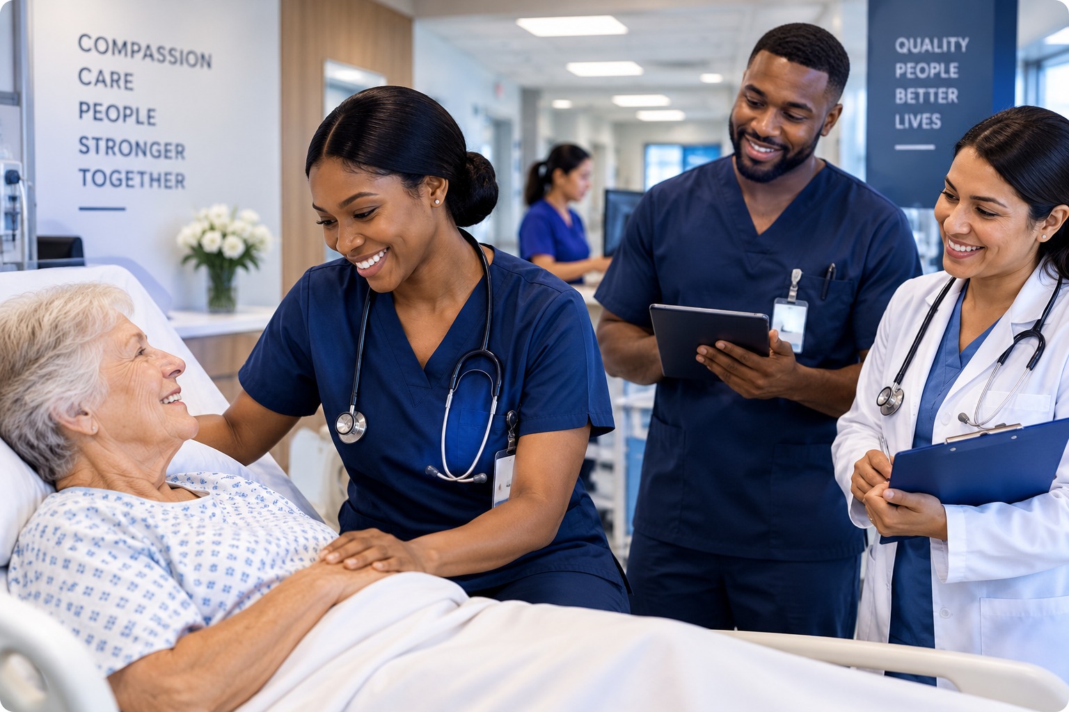 Healthcare professionals caring for an elderly patient, with medical staff conferring nearby