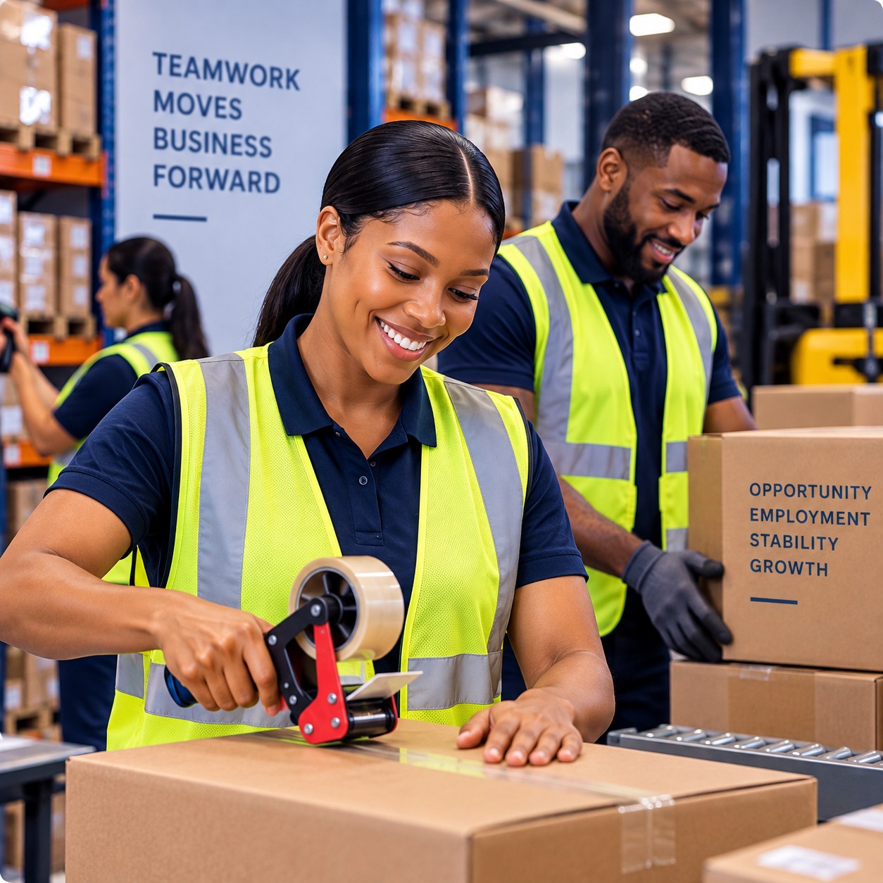 Warehouse worker sealing a box, with a colleague and warehouse shelving visible behind her