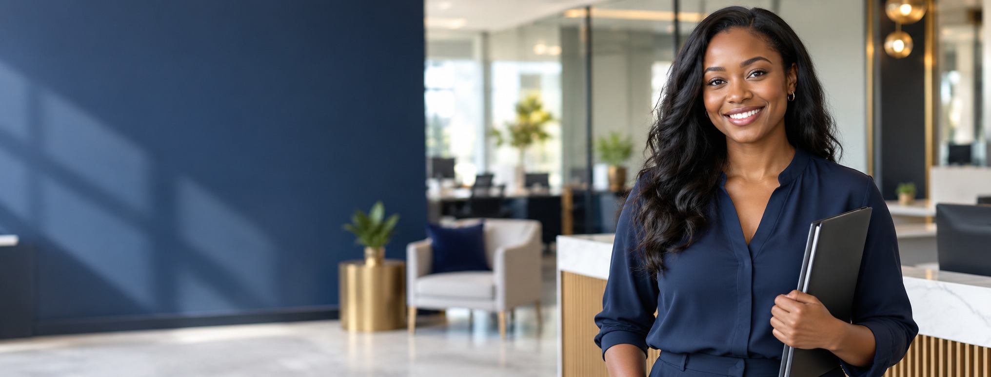 Smiling professional holding a folder in a modern office lobby