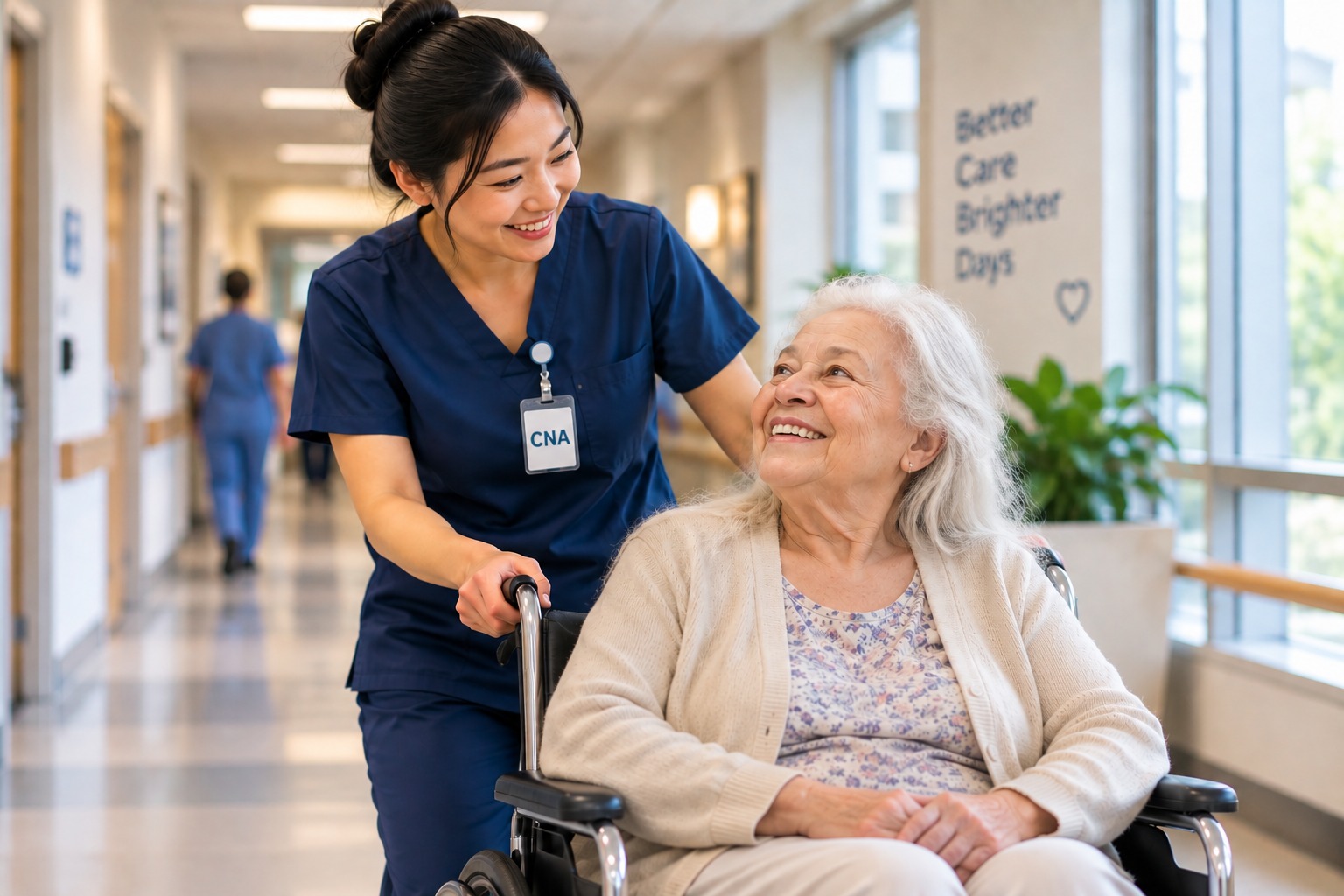 CNA pushing a smiling elderly resident in a wheelchair down a bright facility hallway
