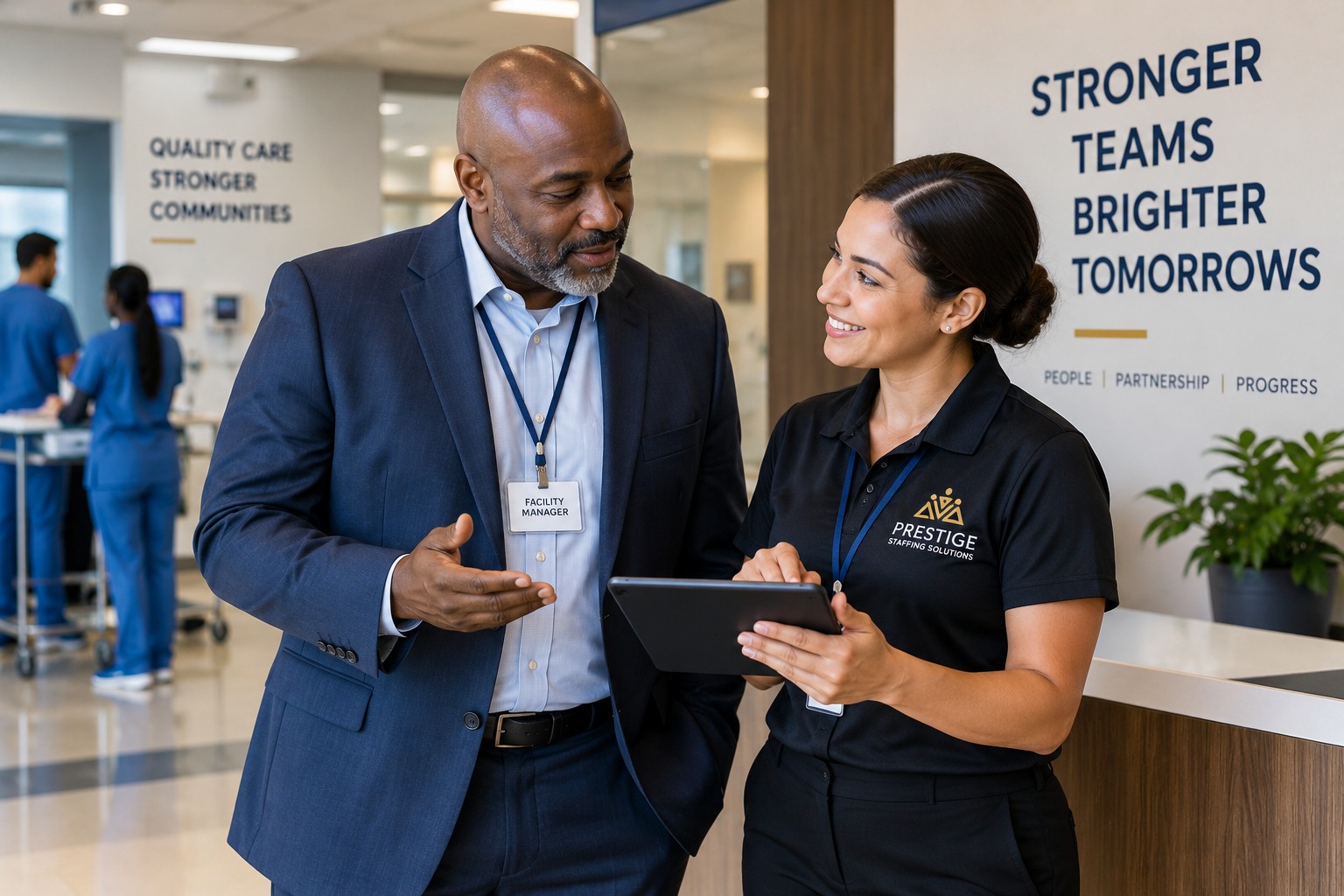 Facility manager and staffing representative reviewing details together in a healthcare facility lobby