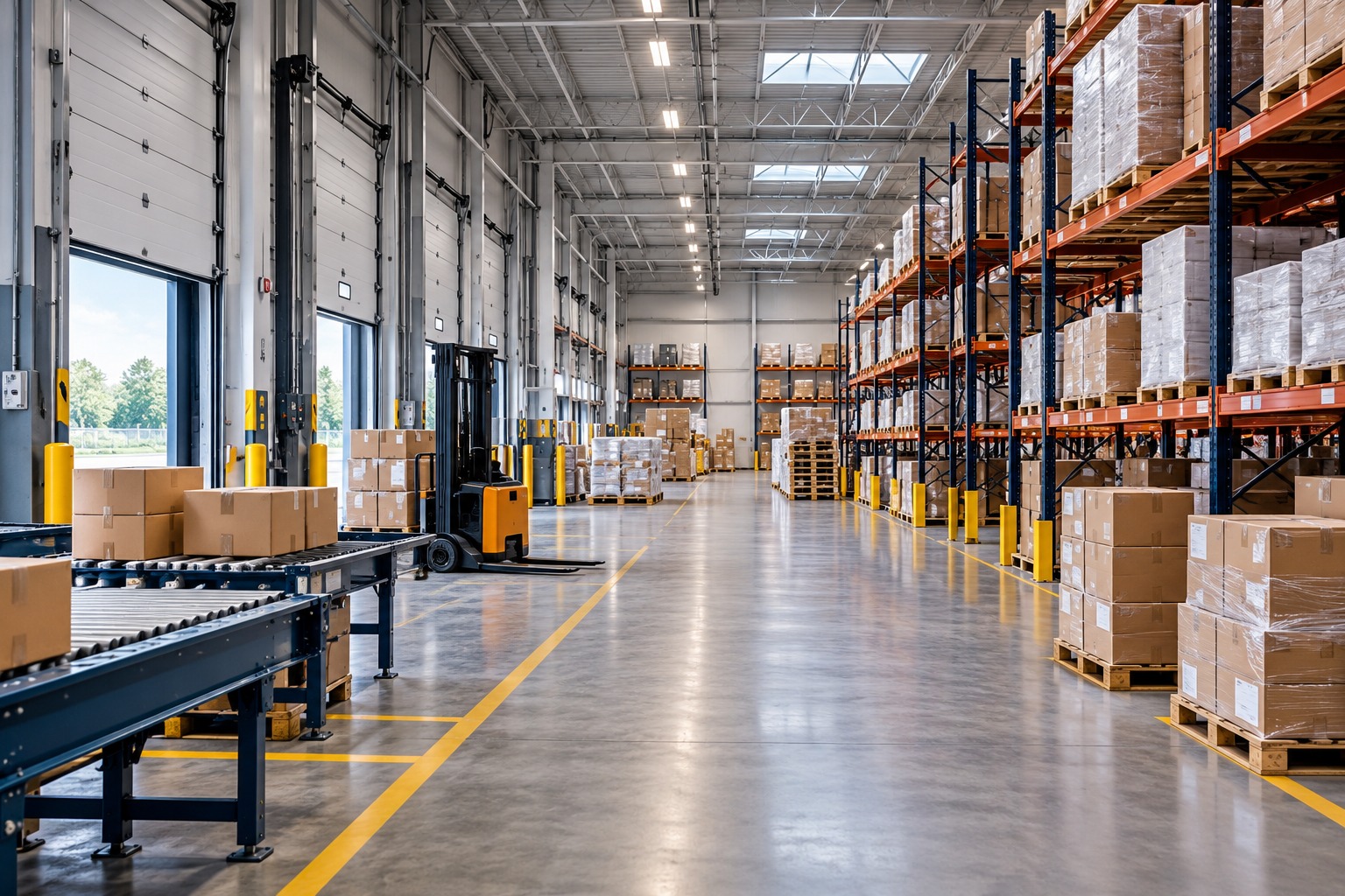 Empty modern warehouse floor with pallet racks, boxes, a forklift, and loading bay doors