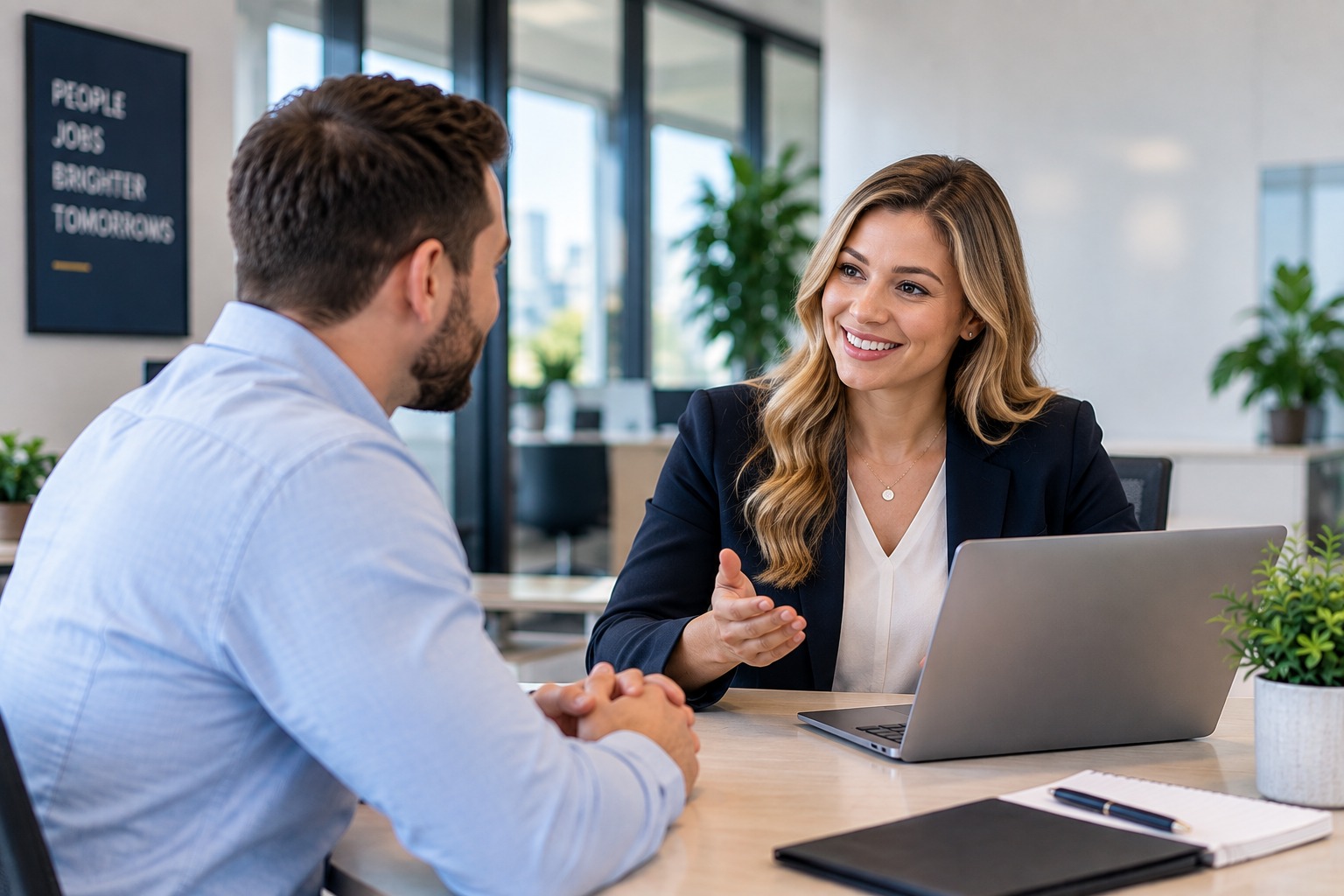 Staffing consultant discussing opportunities with a job seeker in a modern office