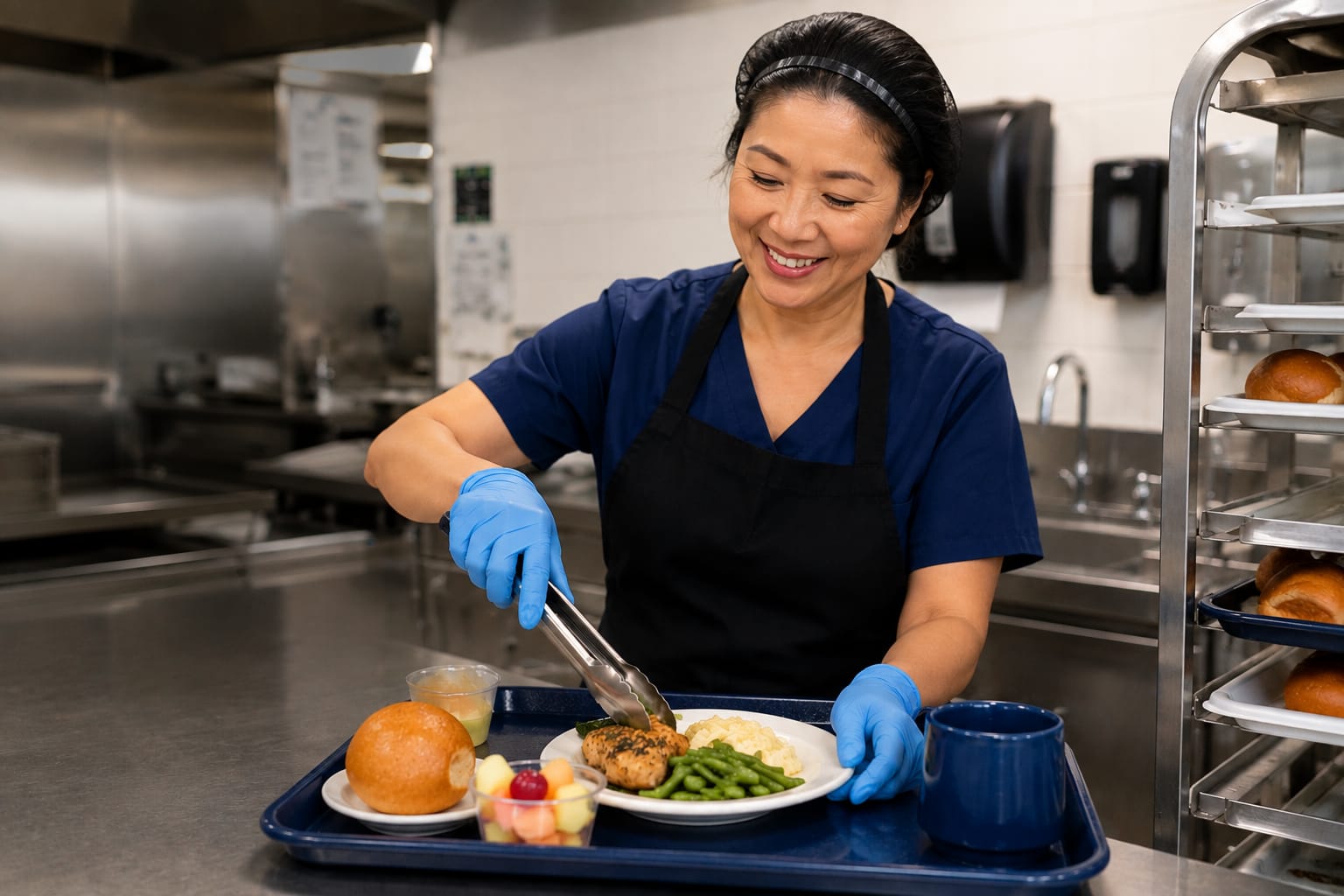 Collective Staffing Group dietary aide preparing a patient meal tray