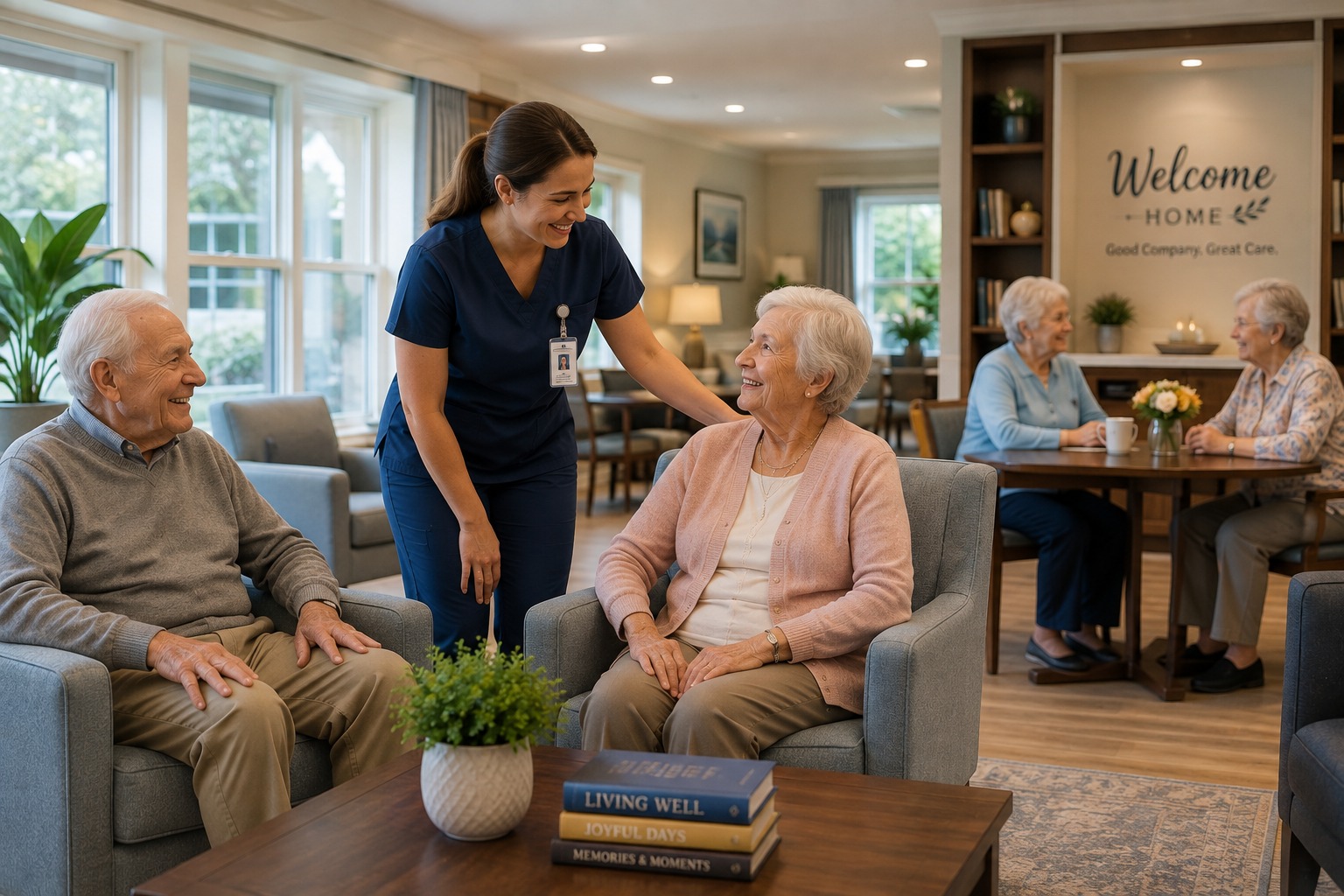 Caregiver speaking with residents in an assisted living community lounge