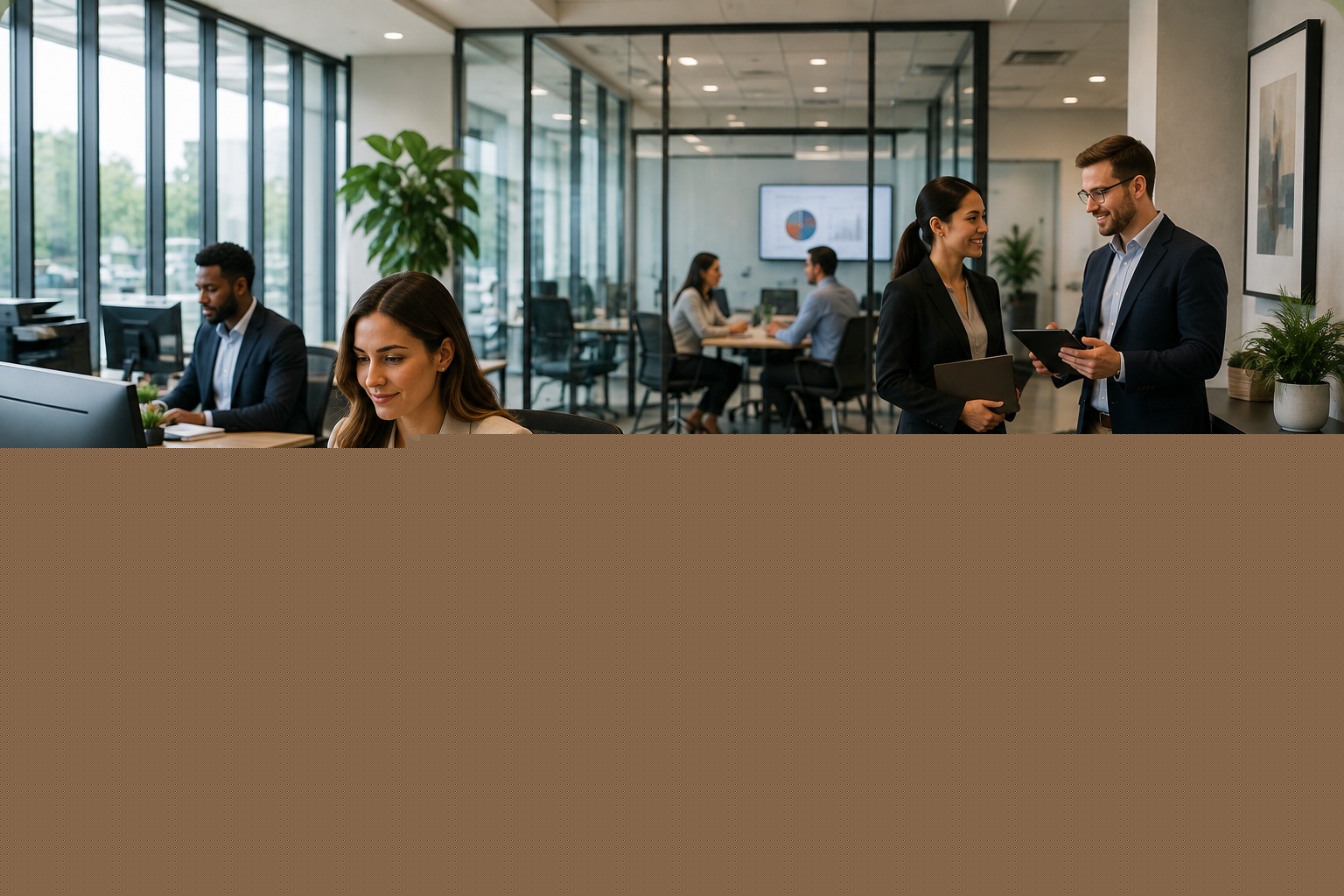 Office professionals collaborating in a commercial business workspace, with workstations and a meeting area in the background