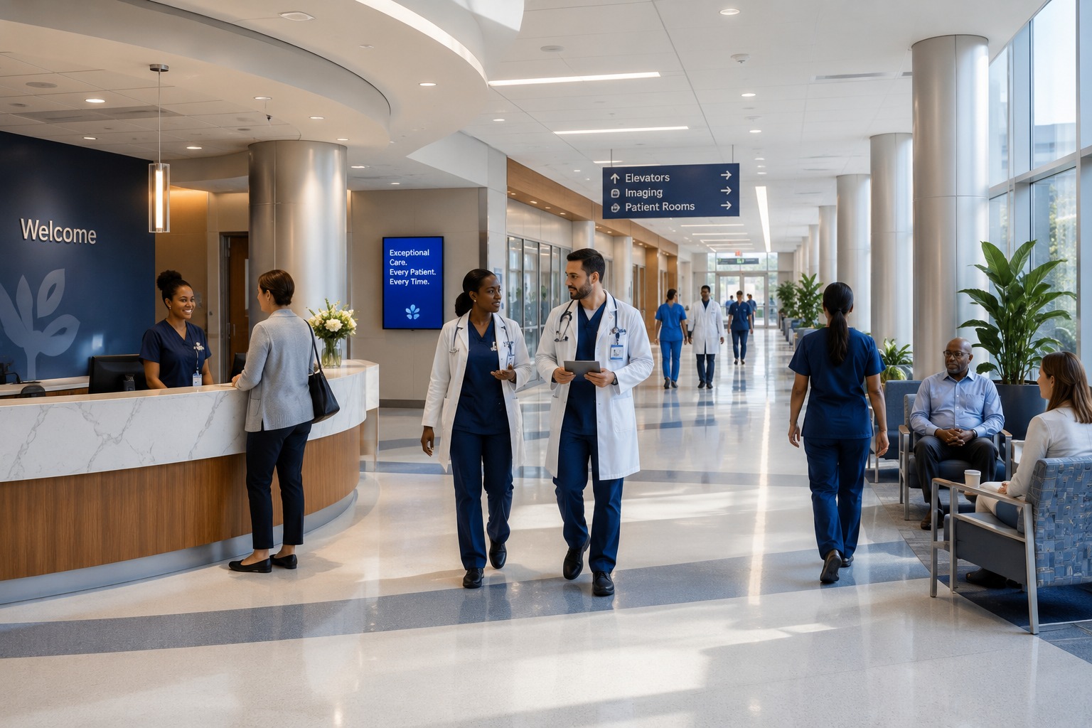 Hospital lobby with healthcare professionals and reception desk