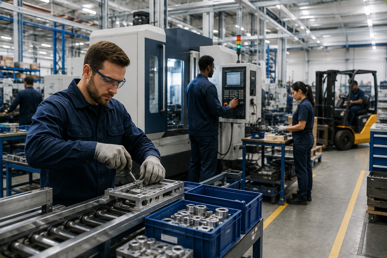 Manufacturing worker assembling components at a production line, with machinery and colleagues in the background