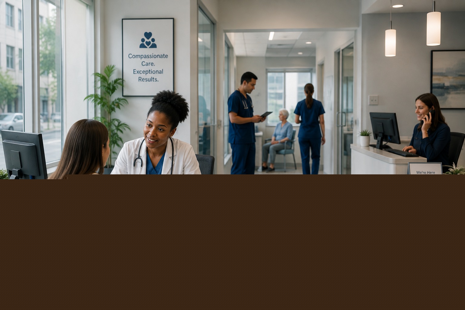 Clinician consulting with a patient at a desk in a medical office, with reception area visible