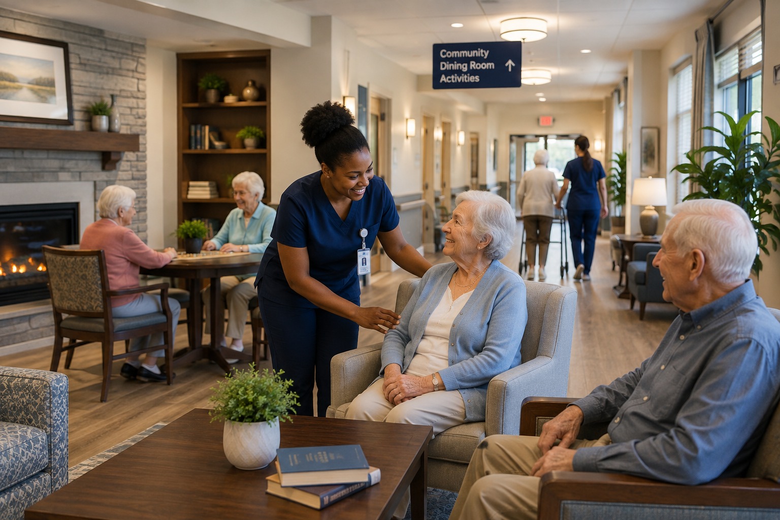 Caregiver speaking with elderly residents in a nursing home community room