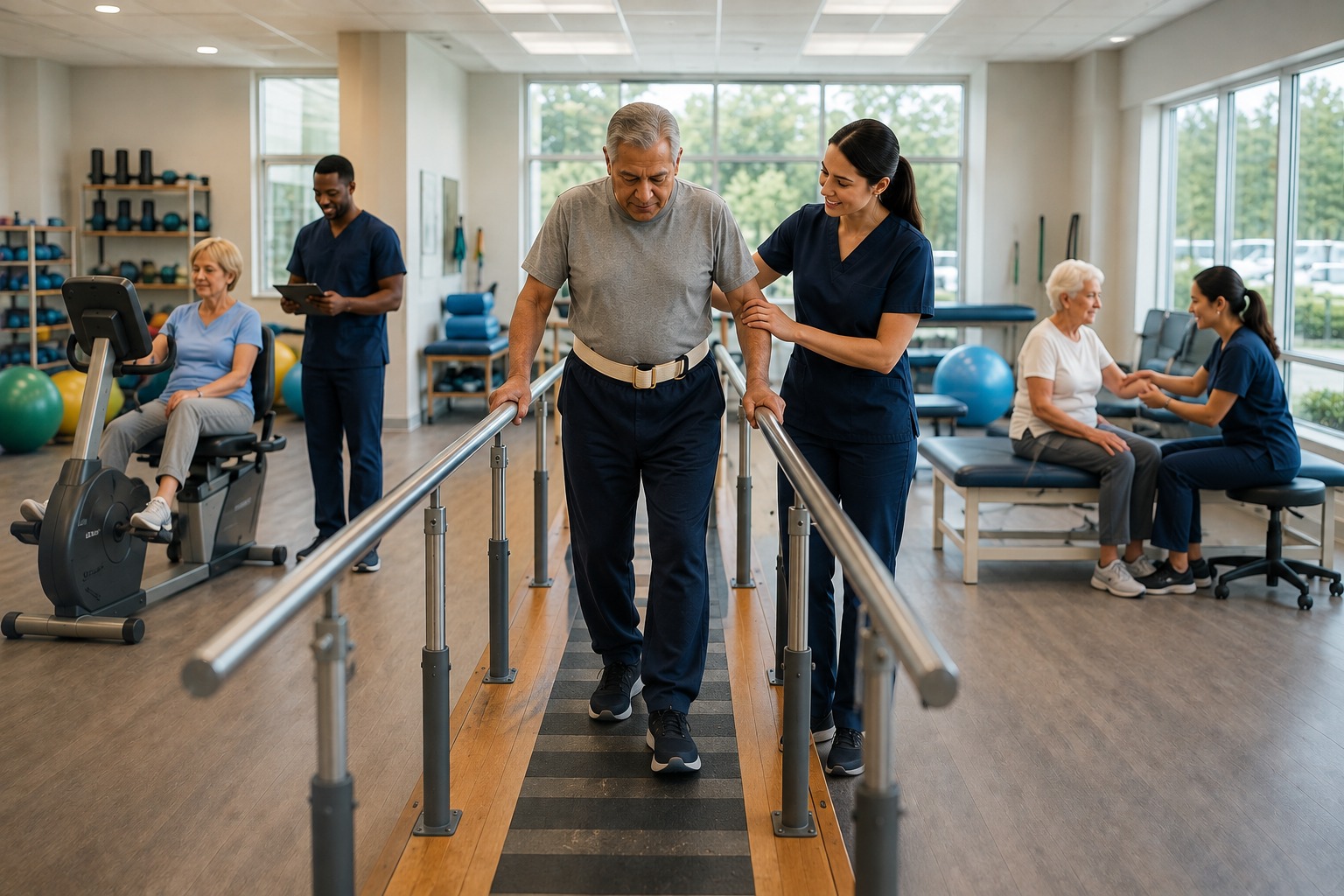 Rehabilitation professional assisting a patient walking between parallel bars in a physical therapy gym