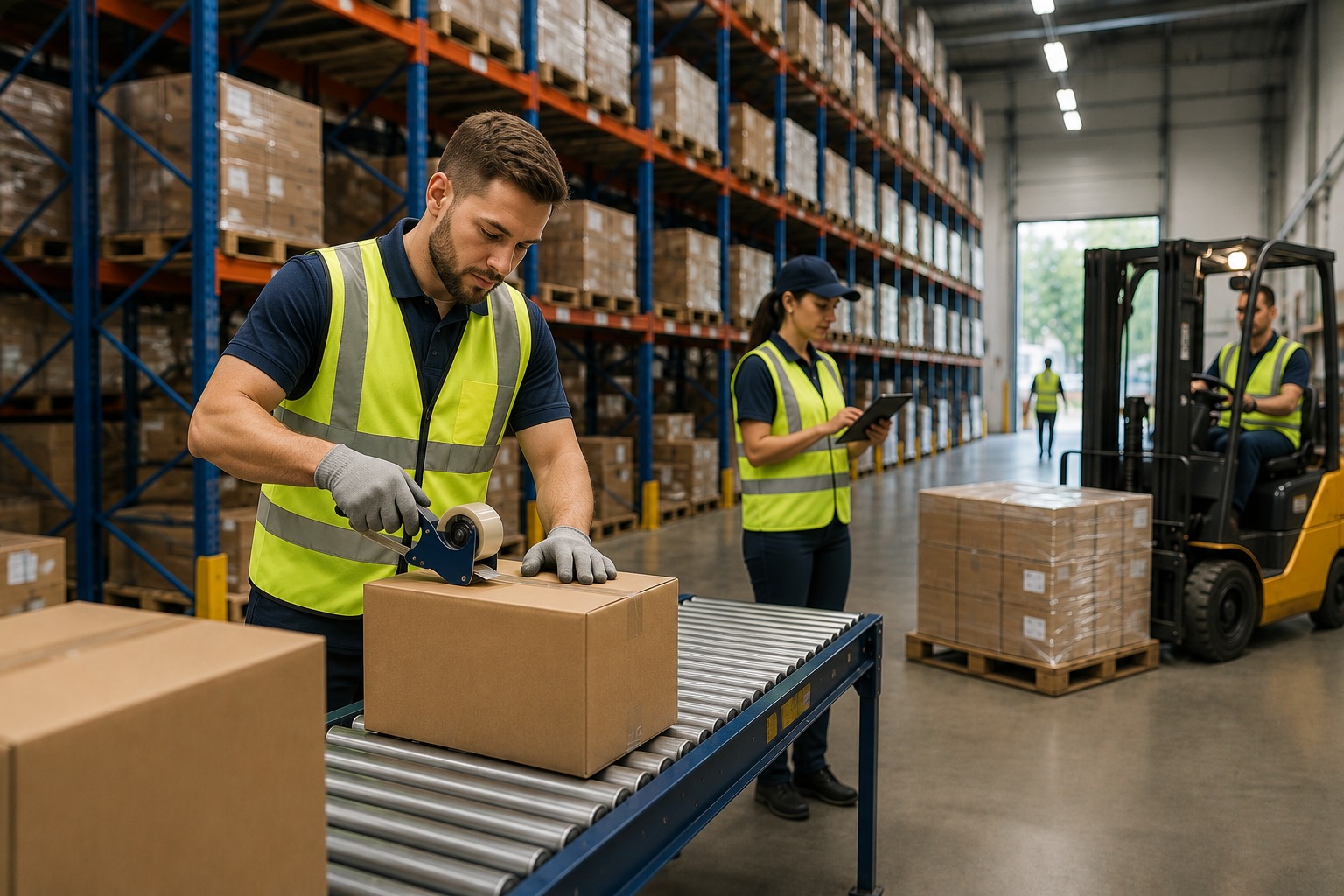 Warehouse worker sealing a box on a conveyor, with shelving, forklift, and colleagues in the background