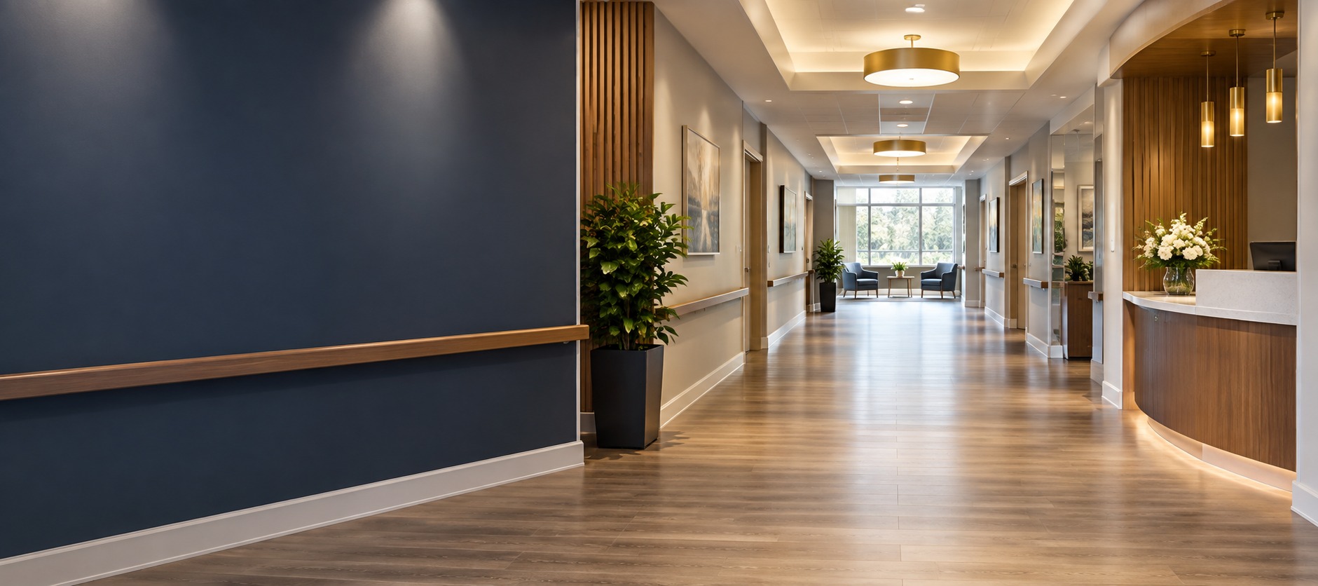 Clean, modern healthcare facility hallway with reception desk and seating area