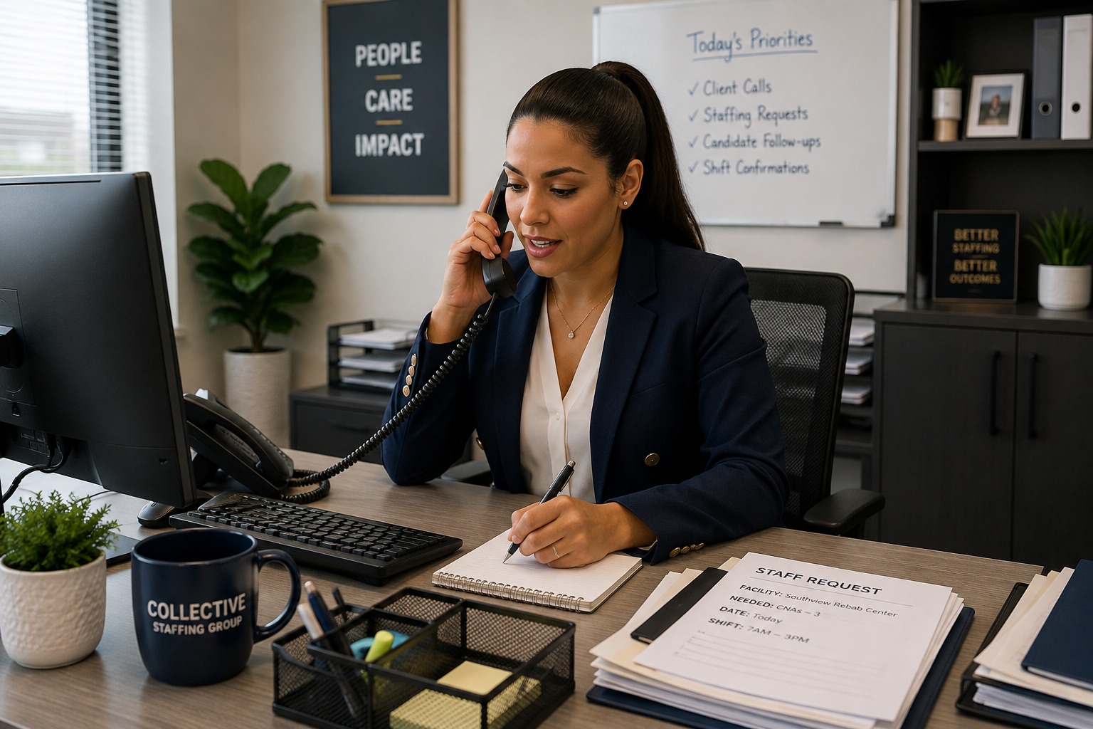 Staffing coordinator responding to an urgent staffing request by phone