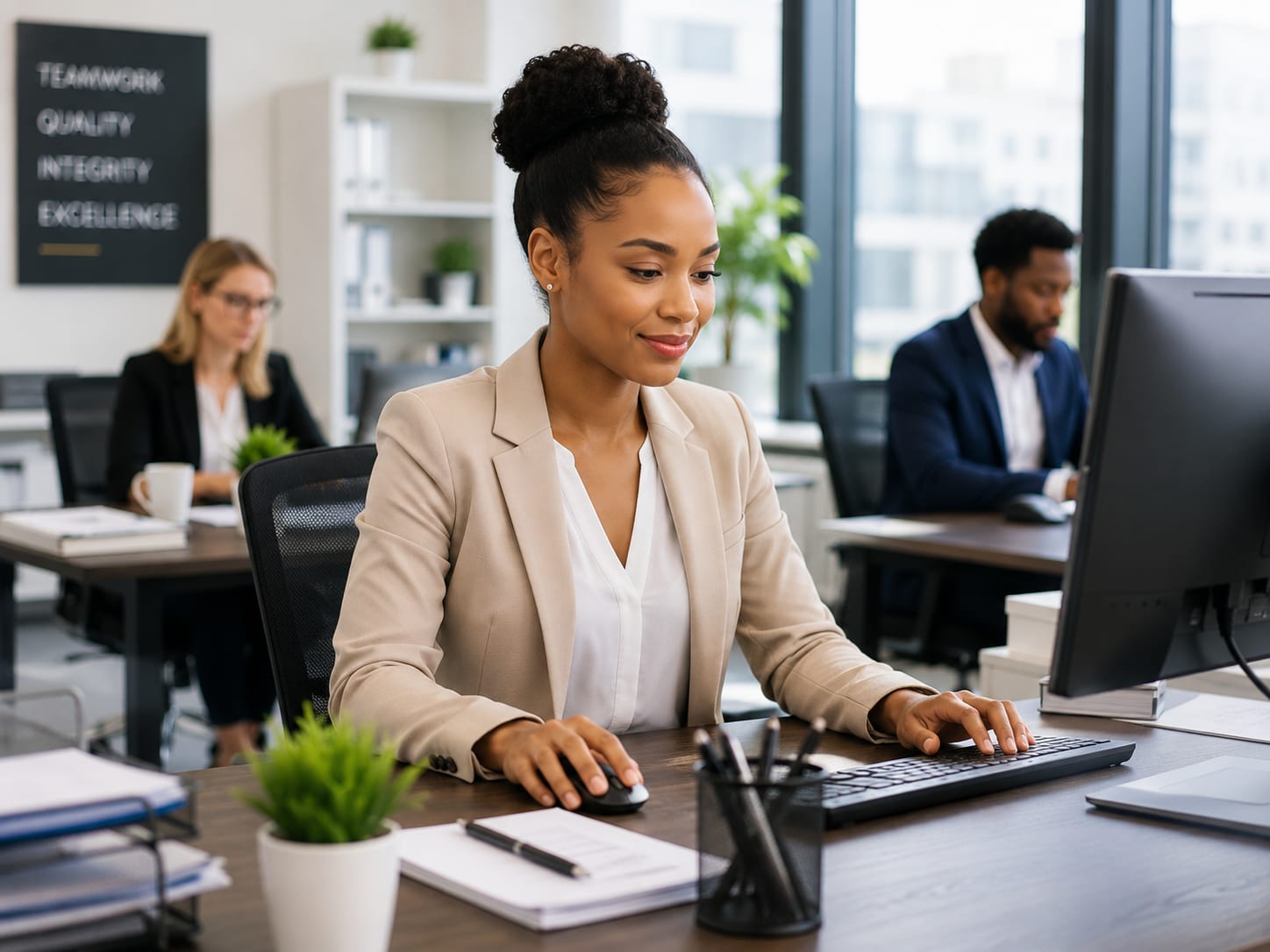 Collective Staffing Group administrative professional working at her desk in an office setting