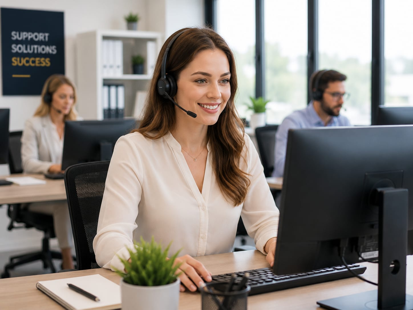 Collective Staffing Group customer service representative wearing a headset at her desk
