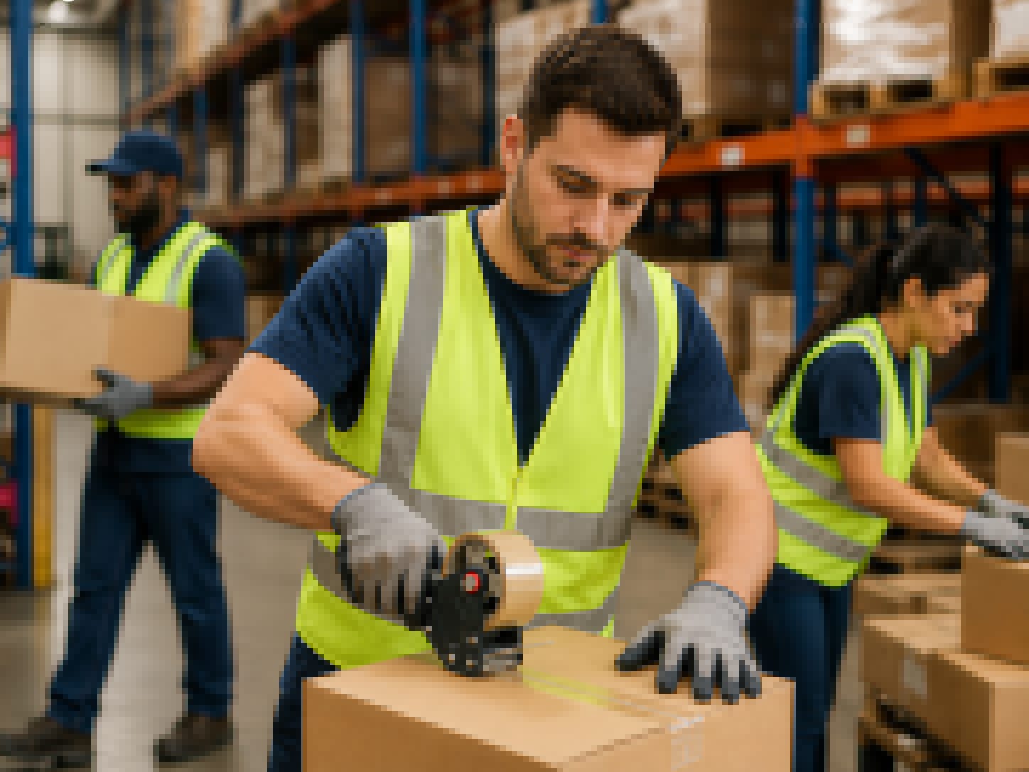 Collective Staffing Group general labor worker sealing a box in a warehouse, with colleagues in the background