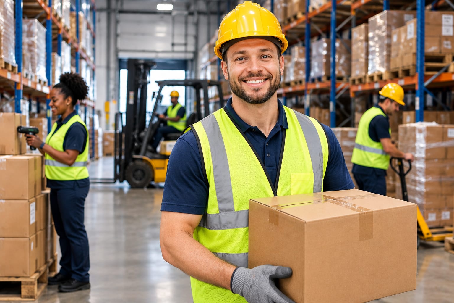 Collective Staffing Group warehouse associate carrying a box, with team members and forklift in the background