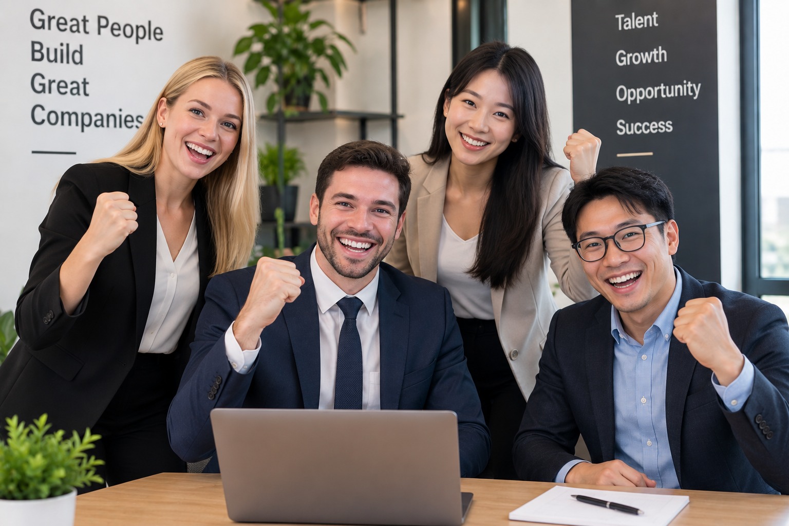 Team of professionals celebrating together in a modern office